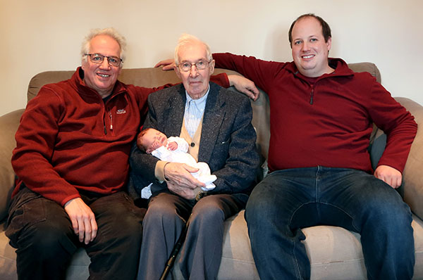 Geoffrey with his son Barry, grandson Tom and great grandson Hugh - Feb 2024